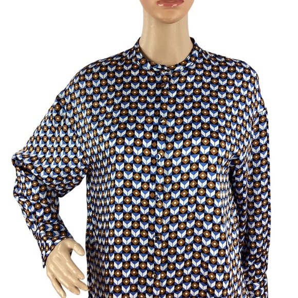 ZARA Geometric Print Button Down Blouse Blue Brown Small - Picture 2 of 7